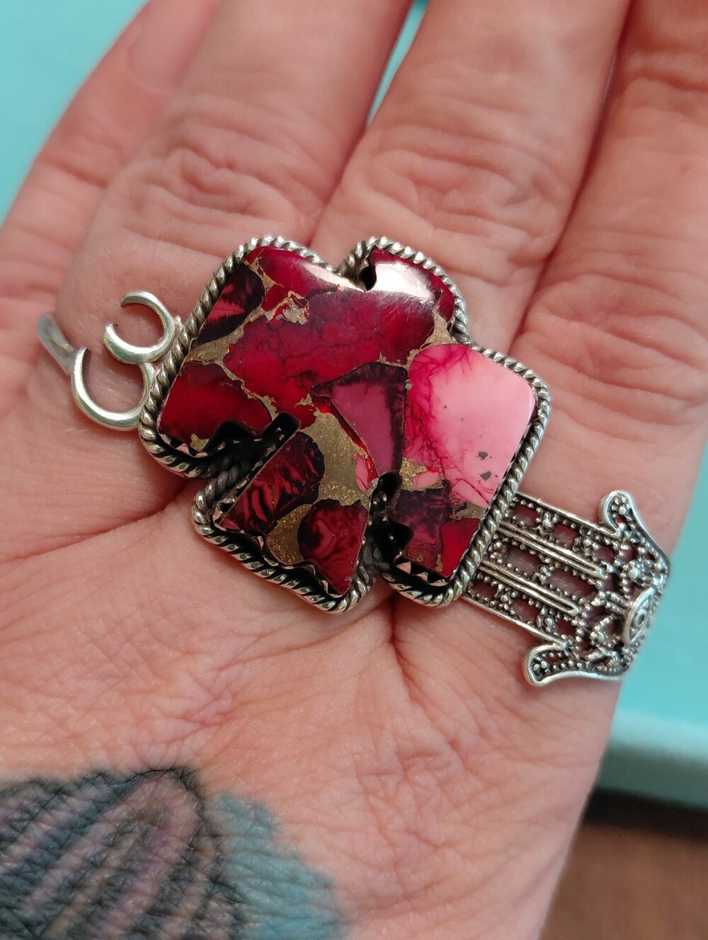 Red Rose Dahlia Turquoise Eagle Statement Ring